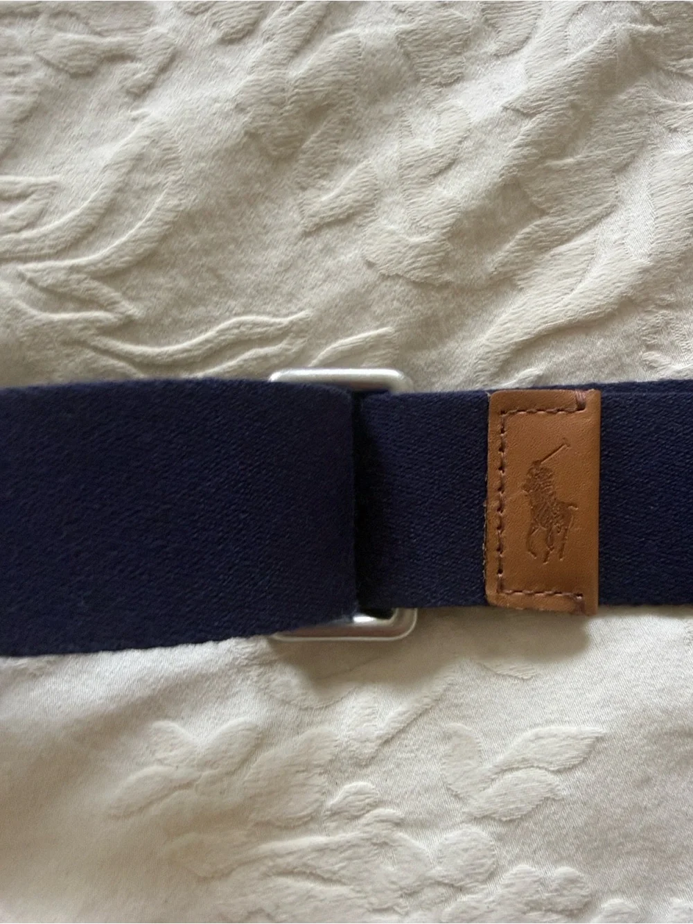 Polo by Ralph Lauren Navy Canvas Belt with Tan Leather Tab and Silver Buckle